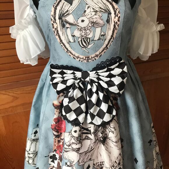 Lolita Alice in Wonderland Tea Party Follow the White Rabbit! Blue White Dress S - Picture 3 of 13